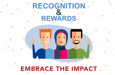 Tekening van drie personen met de tekst 'recognition & rewards: embrace the impact'