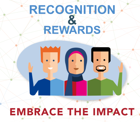 Tekening van drie personen met de tekst 'recognition & rewards: embrace the impact'